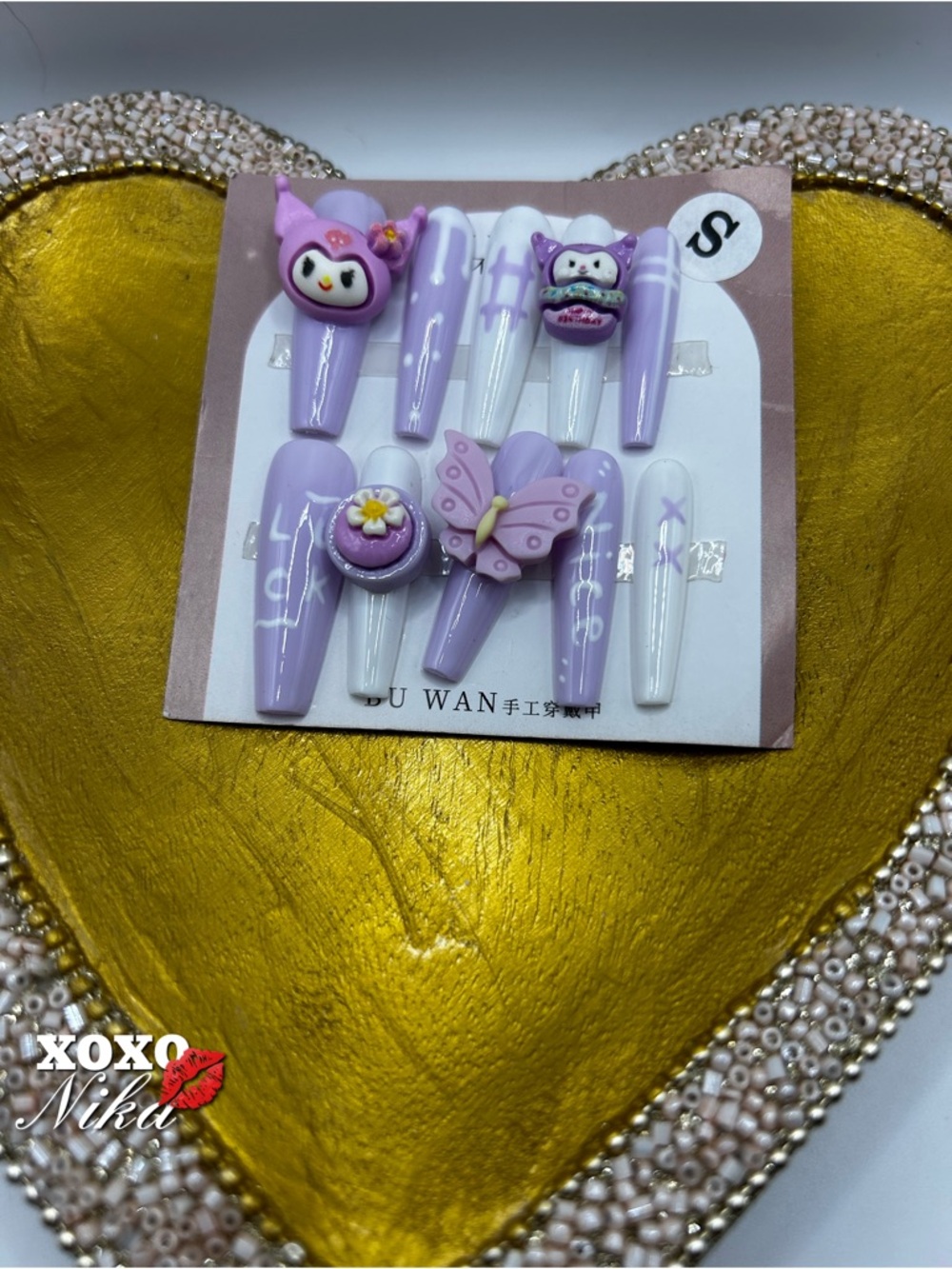Cute 3D Handmade Character Press On Nails Lavender & White - 10pc Size Small